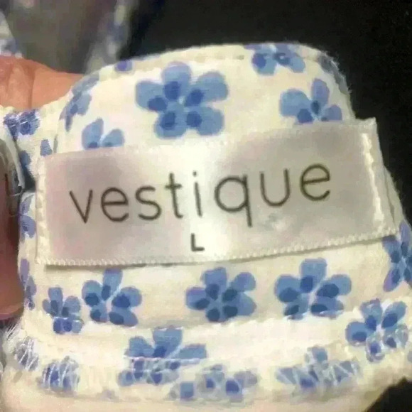 VESTIQUE CUT- OUT FIT & FLARE BLUE FLORAL PEASANT TIE BACK MINI DRESS SZ L - Picture 12 of 14